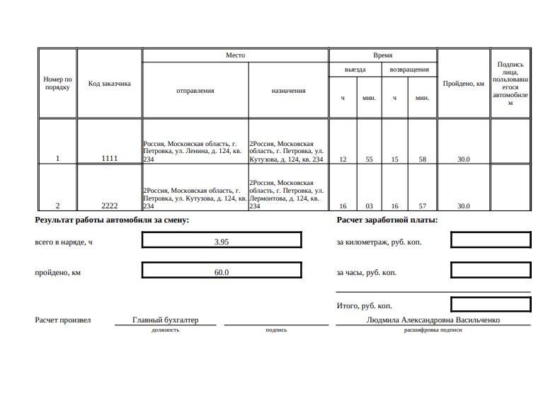 образец заполнения путевого листа легкового автомобиля. Сторона 2